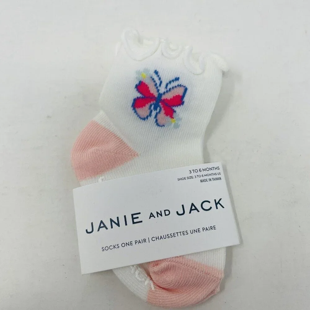 Janie and Jack Baby Girls 3-6 Months Butterfly Ruffle Ankle Socks in White/Pink